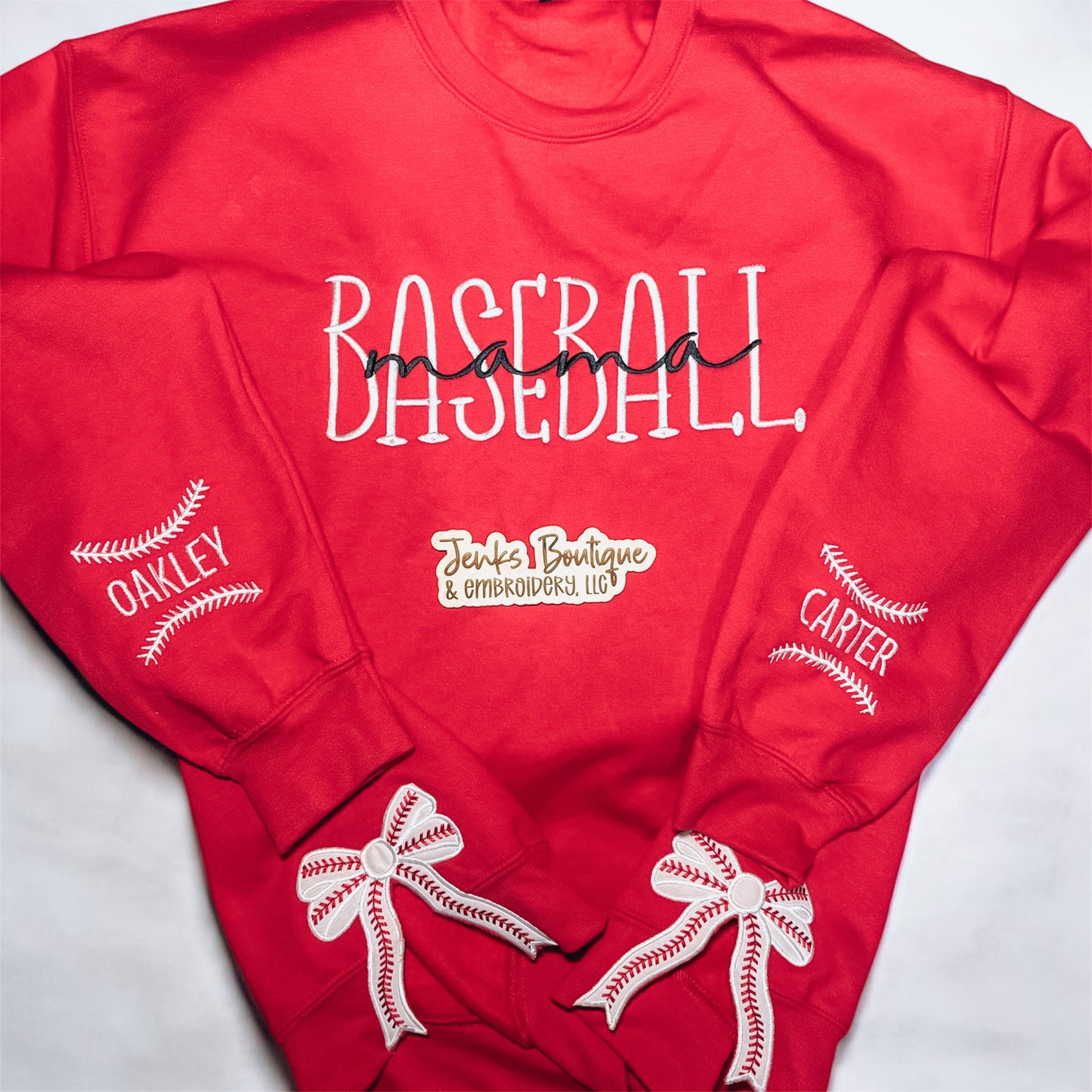 Personalized Baseball Mama Sweatshirt with Kids’ Names | Custom Embroidered Baseball Mom Crewneck
